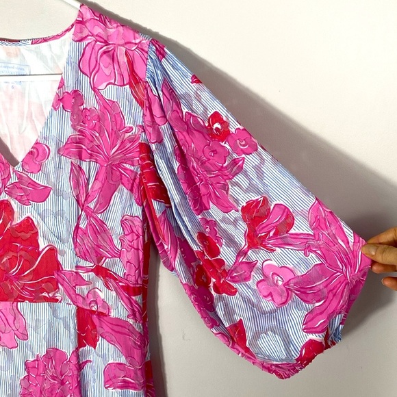 Vineyard Vines Kentucky Derby Seersucker Pink and White Floral Midi Dress size 6 - Picture 10 of 16